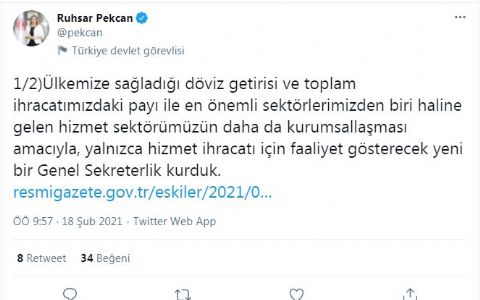 Bakan Pekcan: Hizmet ihracatı için faaliyet gösterecek Genel Sekreterlik kurduk